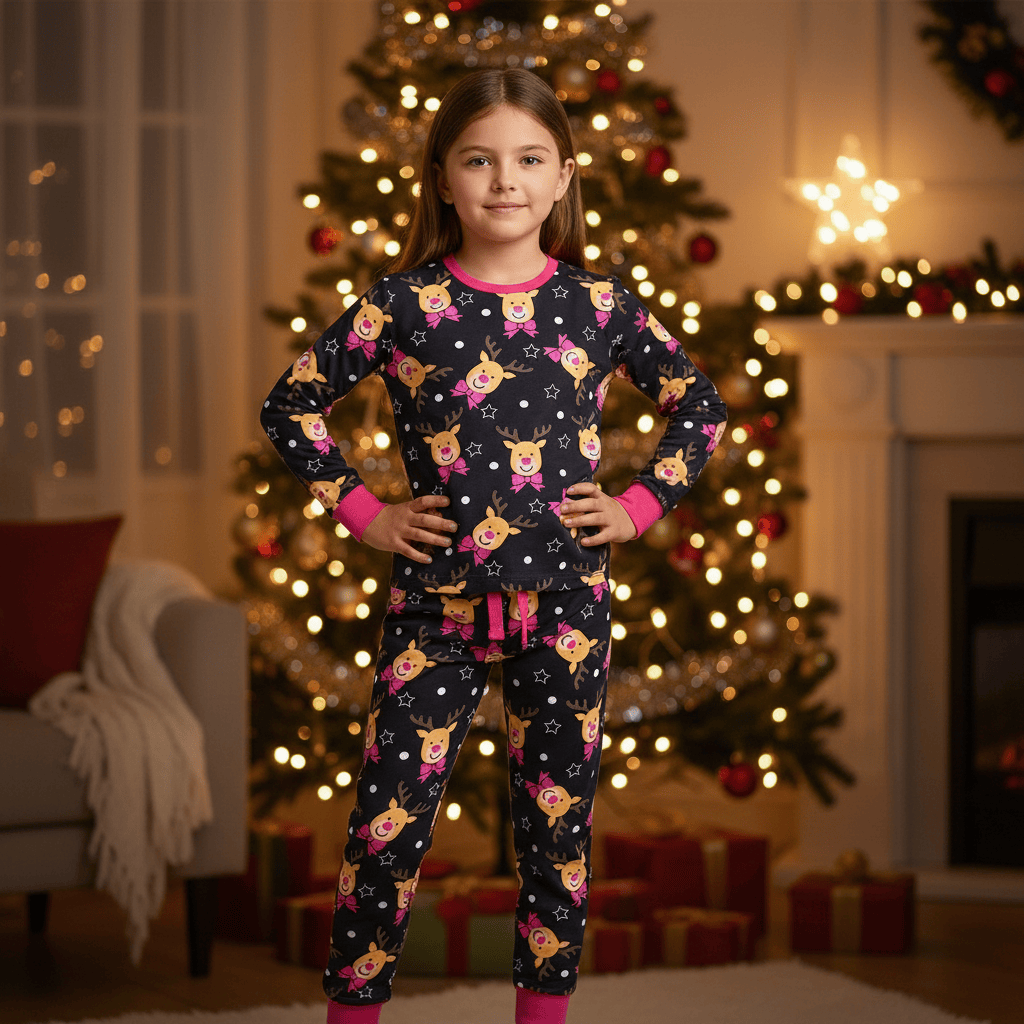 Kids Girls Christmas Pyjama Set Rudolph Print Navy Grey