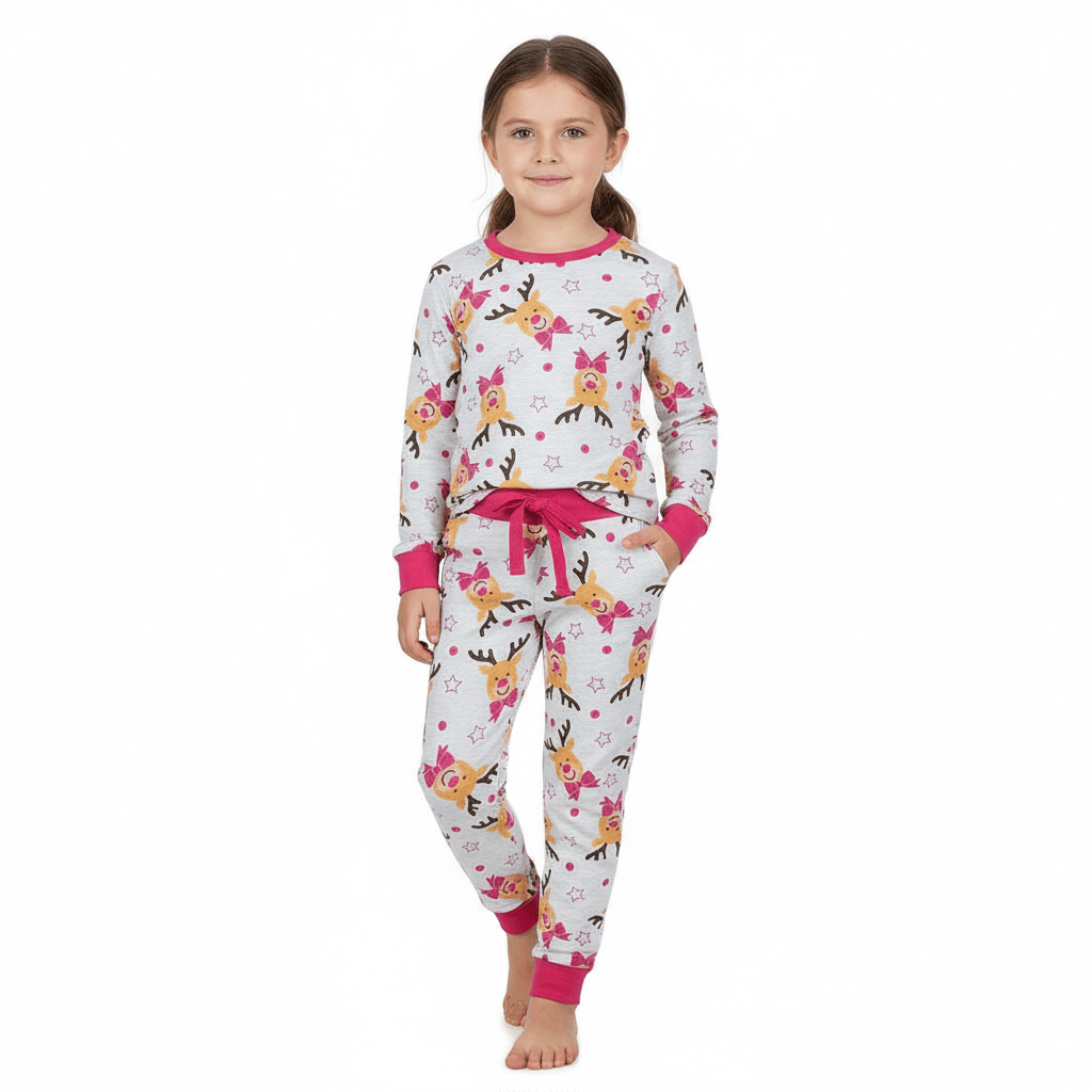 Kids Girls Christmas Pyjama Set Rudolph Print Navy Grey