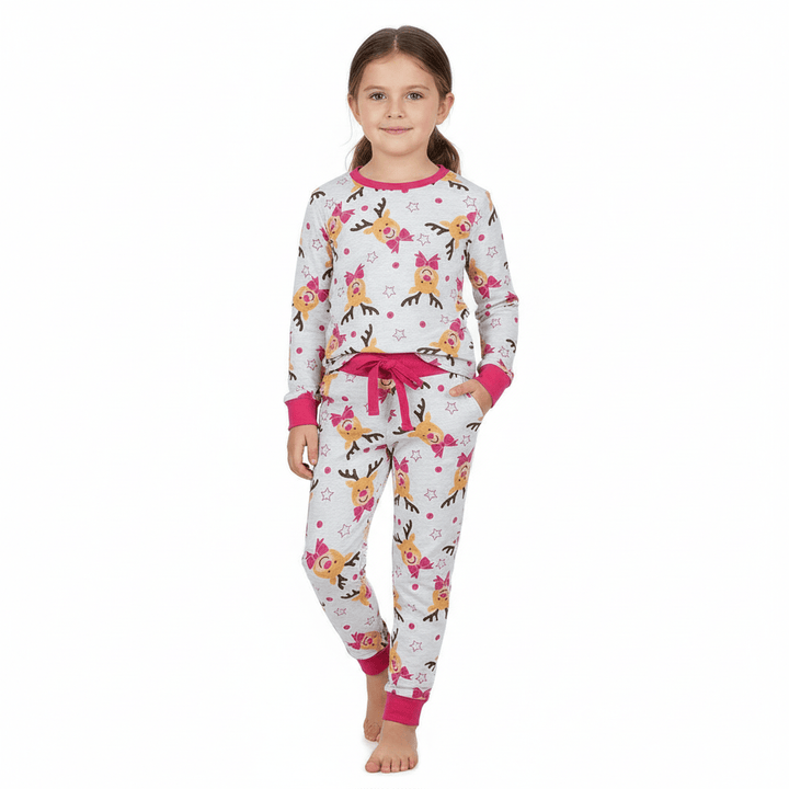 Kids Girls Christmas Pyjama Set Rudolph Print Navy Grey