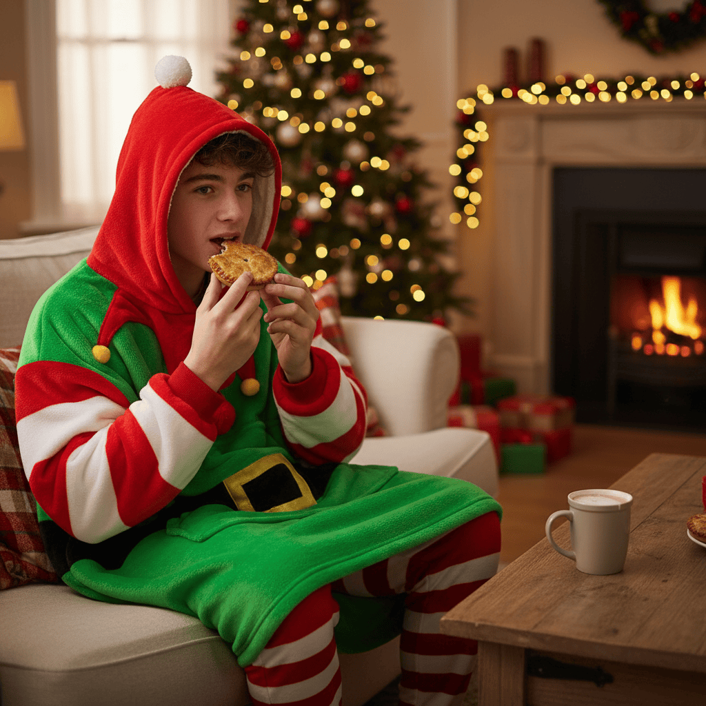 Person in elf costume eating a cookie in a cozy living room with Christmas decorations.