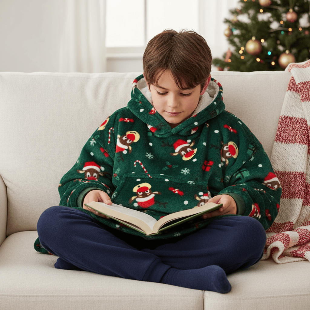 Kids Christmas Hoodie Blanket Festive Fleece Hooded Top One Size