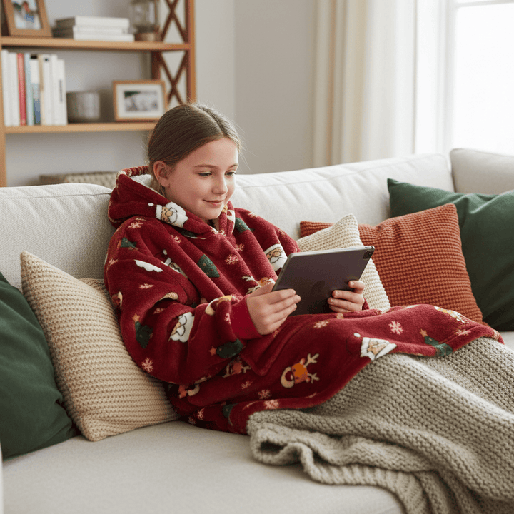 Kids Christmas Hoodie Blanket Festive Fleece Hooded Top One Size