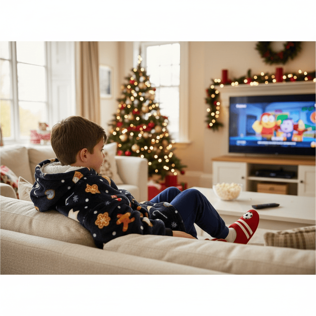 Child in pajamas sitting on a couch in a living room with a Christmas tree and TV.