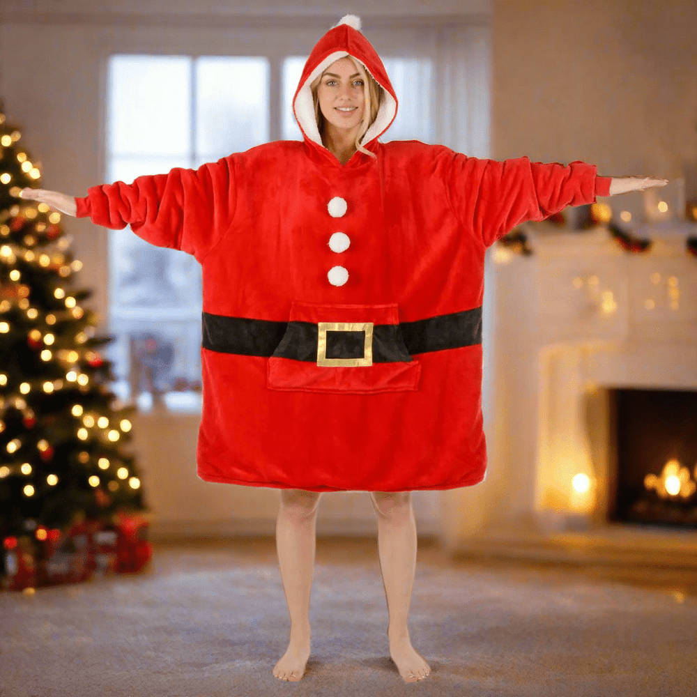Lady wearing the Oversized hoodie in a Warm living room. 