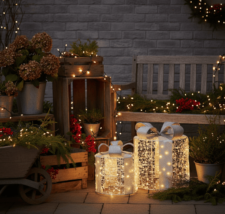 Decorative outdoor setting with lights, plants, and gift boxes against a stone wall.