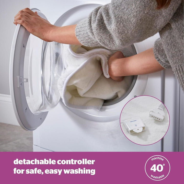 Person loading clothes into a washing machine with a detachable controller feature highlighted.