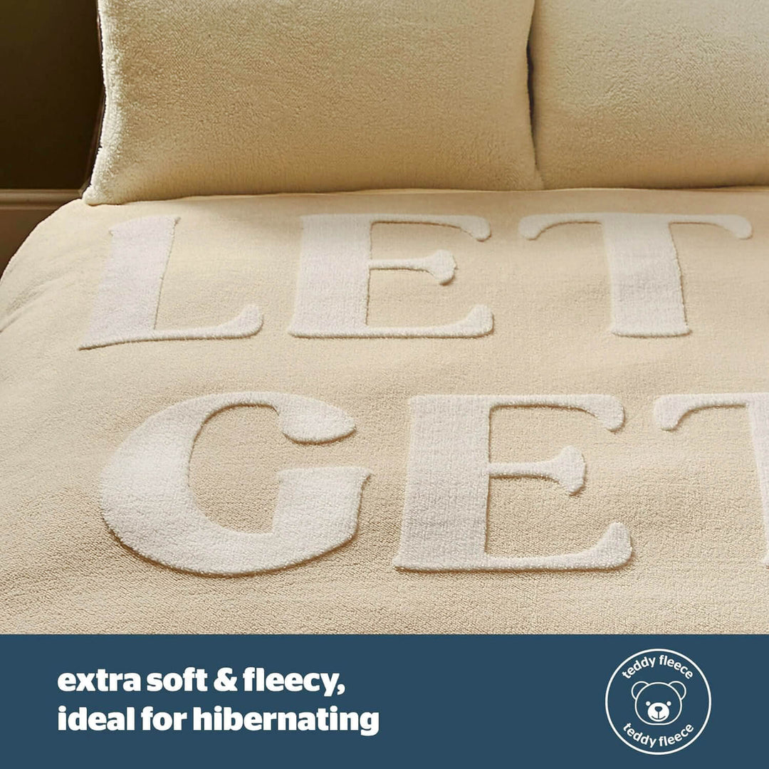 Close up of the fleece duvet with white letters