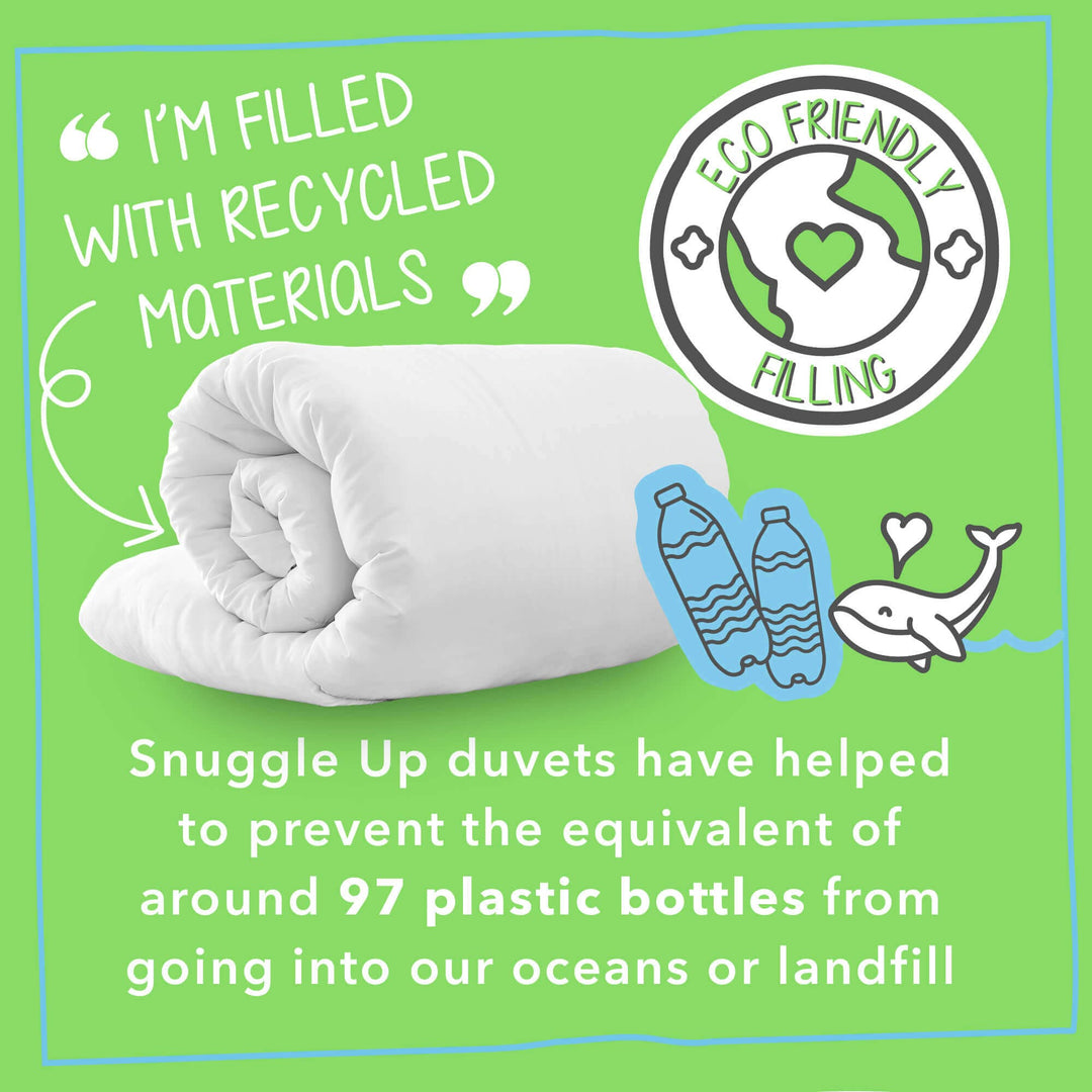 Roll of white duvet with eco-friendly label on green background - made from 97 plastic bottles