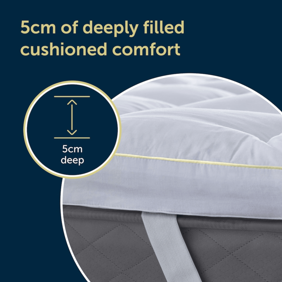 Close-up of a cushioned mattress topper with text indicating 5cm of cushion depth on a dark blue background.