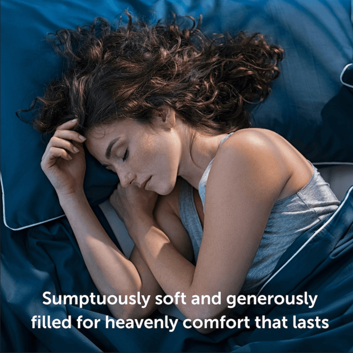 Woman lying on a blue pillow with text about comfort that lasts