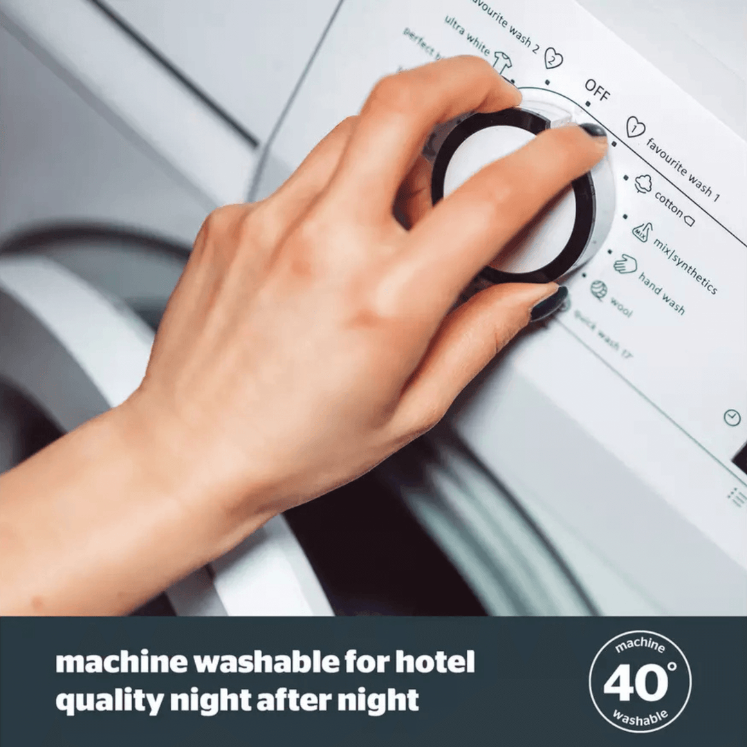 Hand adjusting a washing machine dial with text about machine washability.