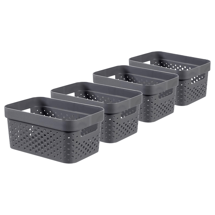 4 infinity dots storage boxes placed beside each other on white background