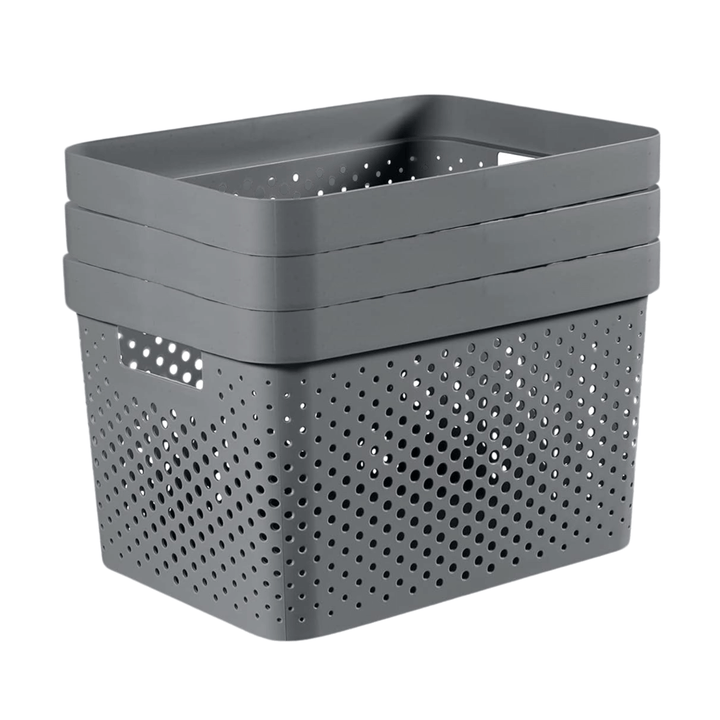 3 curver storage boxes nested inside each other on white background space