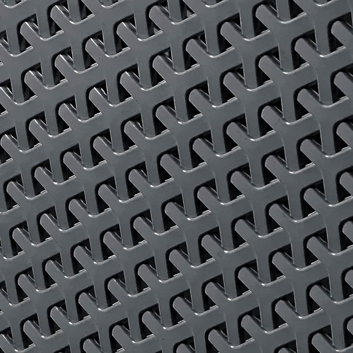 Close up detail of a dark grey plastic weave laundry basket