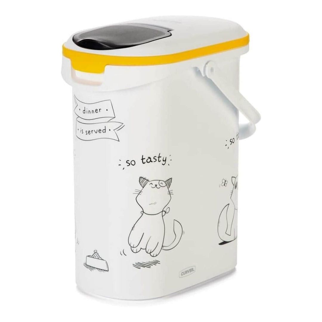 Storage container for dry cat food, with handle and cute cat graphics