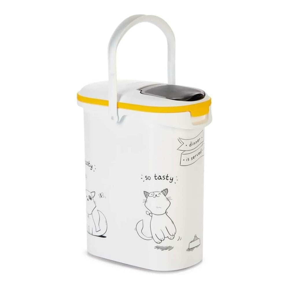Cat kibble container with cute kitten graphics and an airtight seal lid