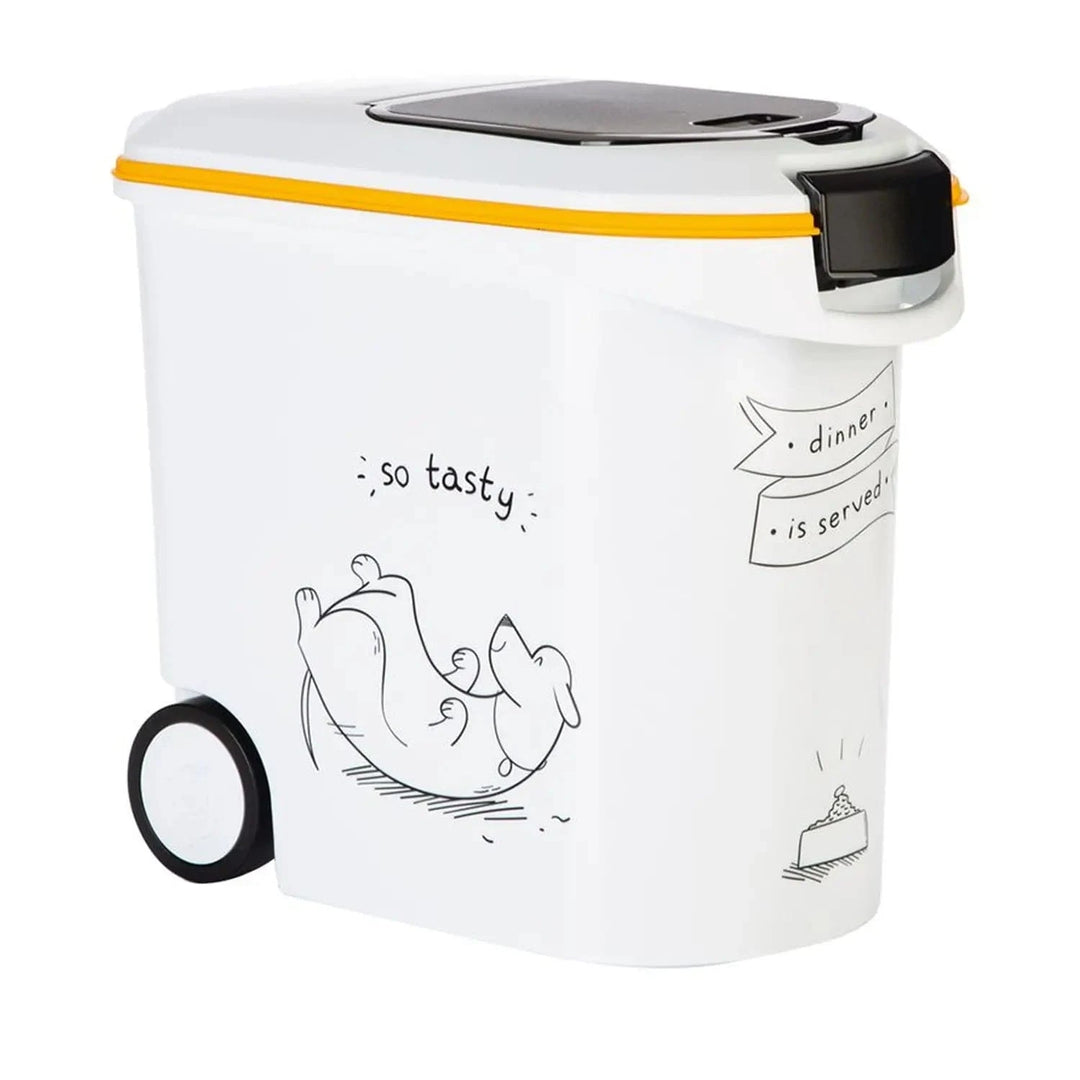 White dog food biscuits container with wheels and cute dog graphics