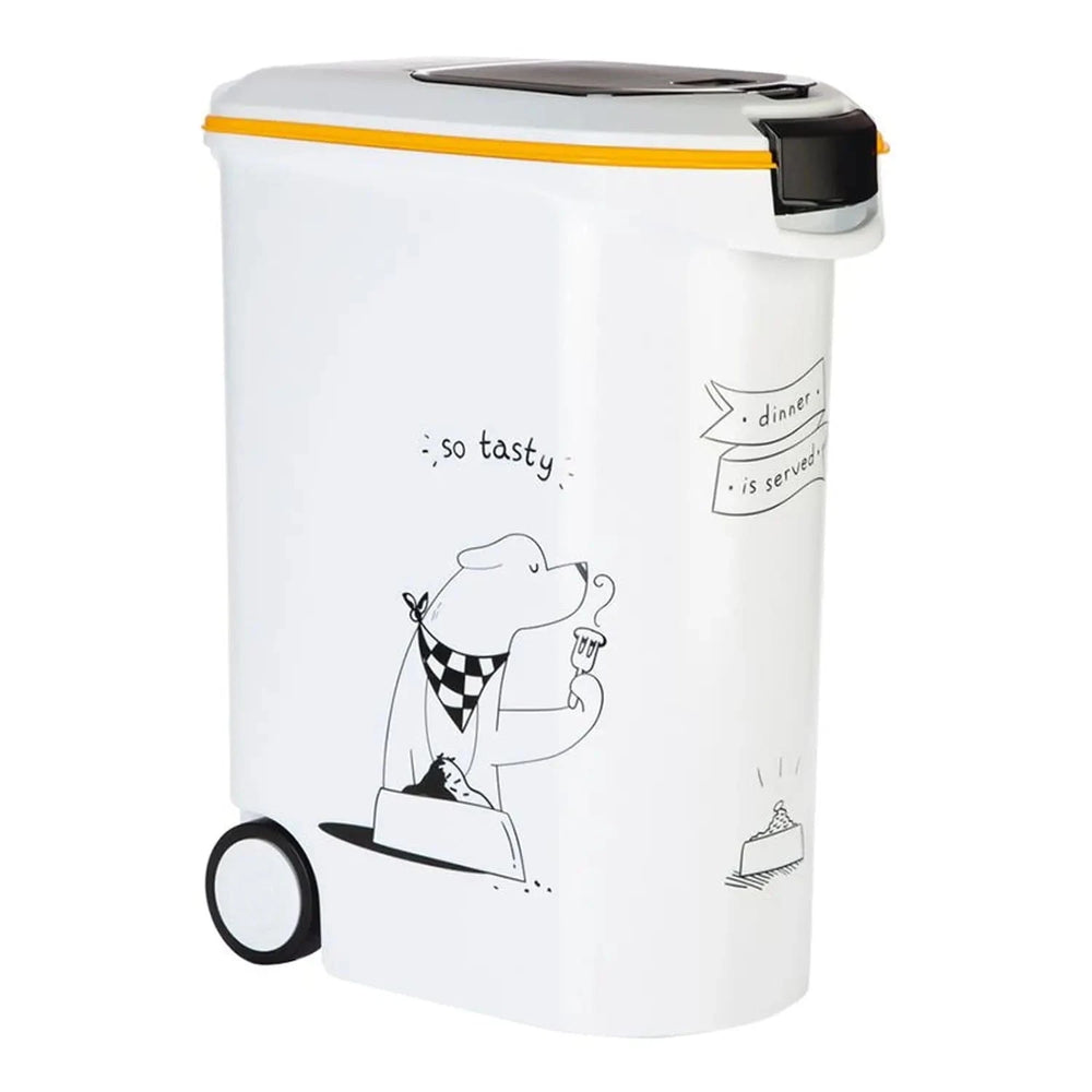 Large white dog food biscuits container with wheels and cute dog graphics