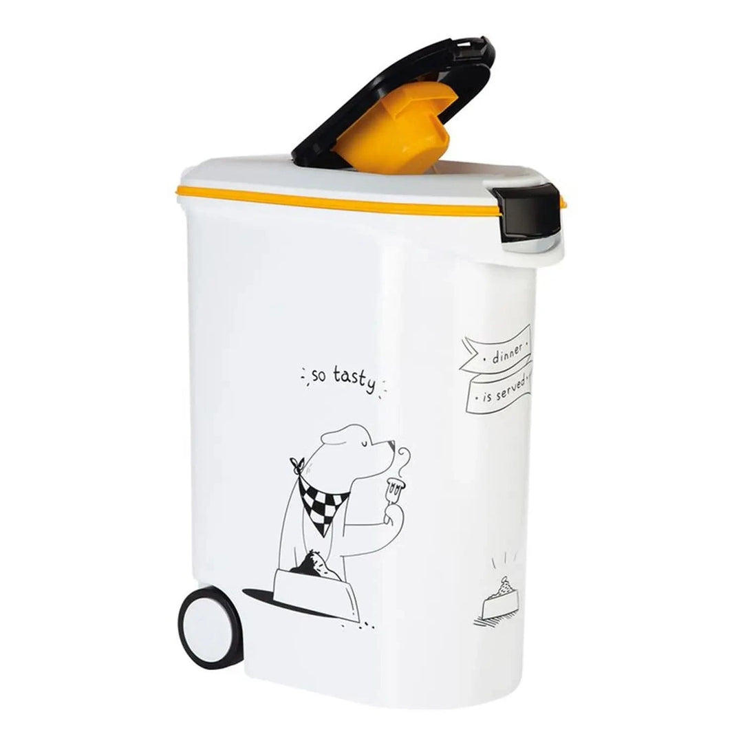 Large dry dog food container with smaller lid for pouring and scoop for measuting