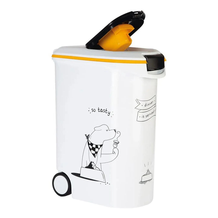 Large dry dog food container with smaller lid for pouring and scoop for measuting
