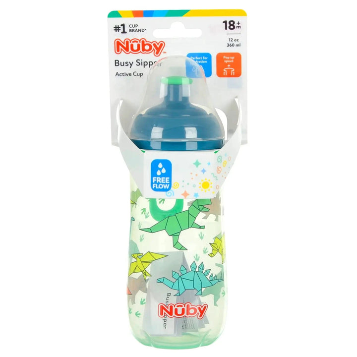 Nuby Busy Sipper water bottle with dinosaurs design in packaging