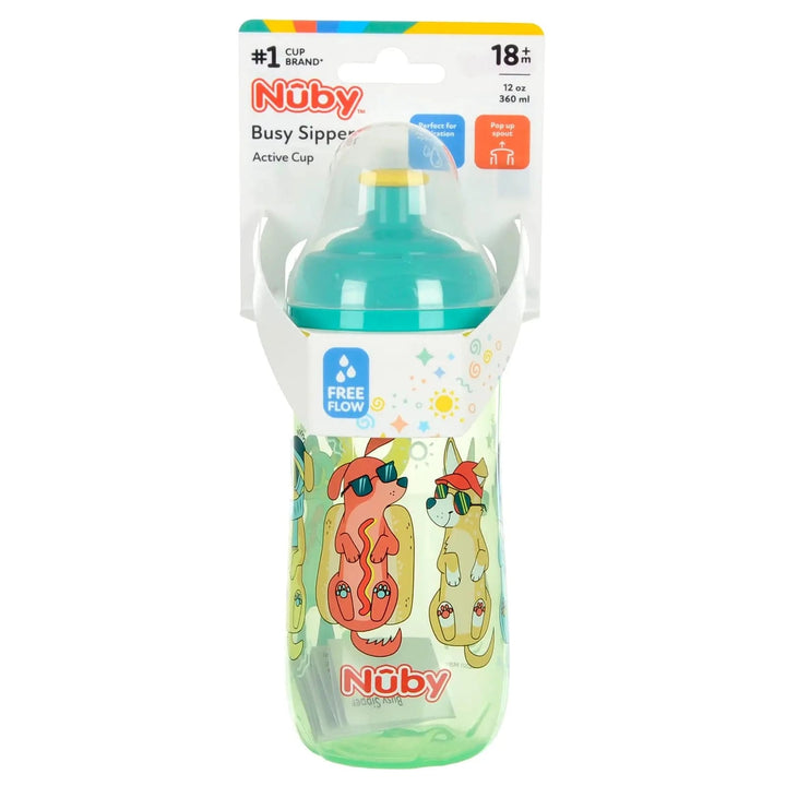 Nuby Busy Sipper kids water bottle with cartoon dogs design