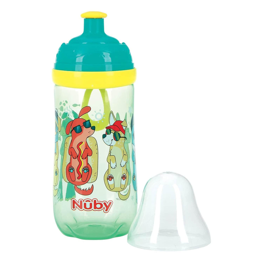 Nuby Busy Sipper green water bottle with cartoon dogs design and removable lid