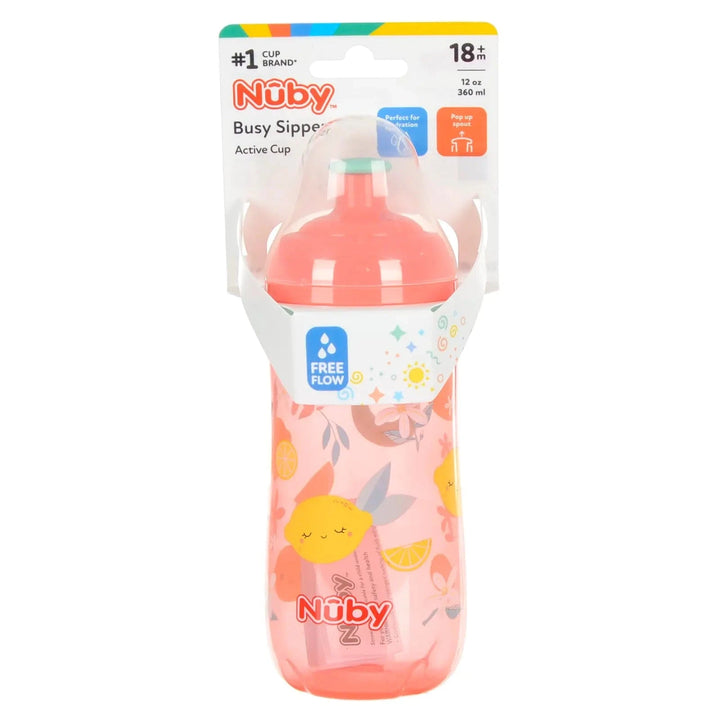 Nuby Busy Sipper pink water bottle with lemons design