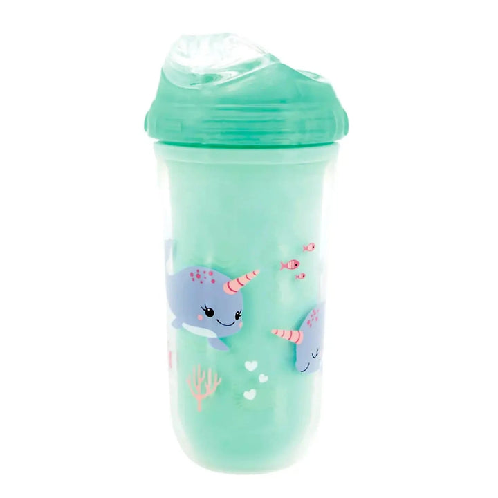 Children's green sippy cup with narwhal design on a white background