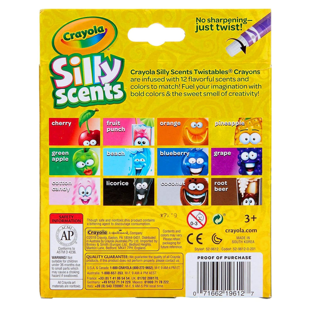 Bakc of the pack of 12 Crayola Silly Scents Twistables crayons