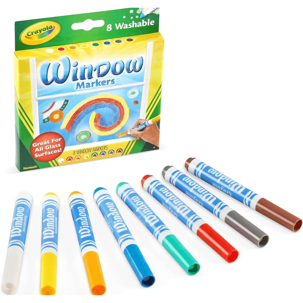 window marker packaging with 8 colour markers spread out in front of the box