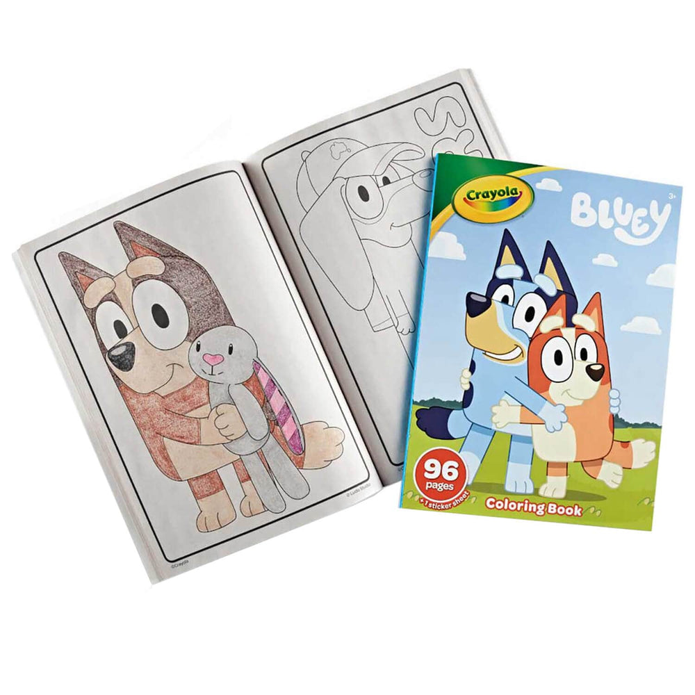 Bluey colouring book with 96 pages and sticker, and an open book with picture coloured in