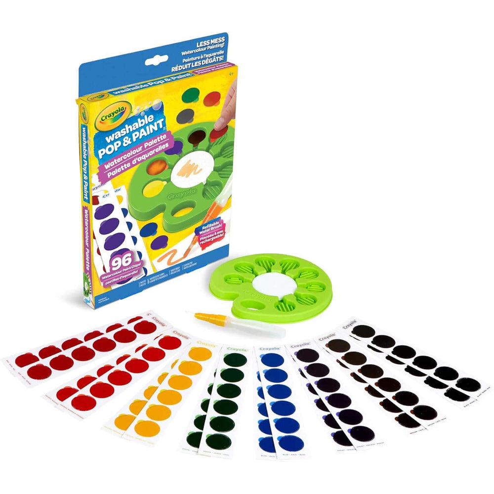 Contents of the box of a Crayola washable pop & paint watercolour palette set