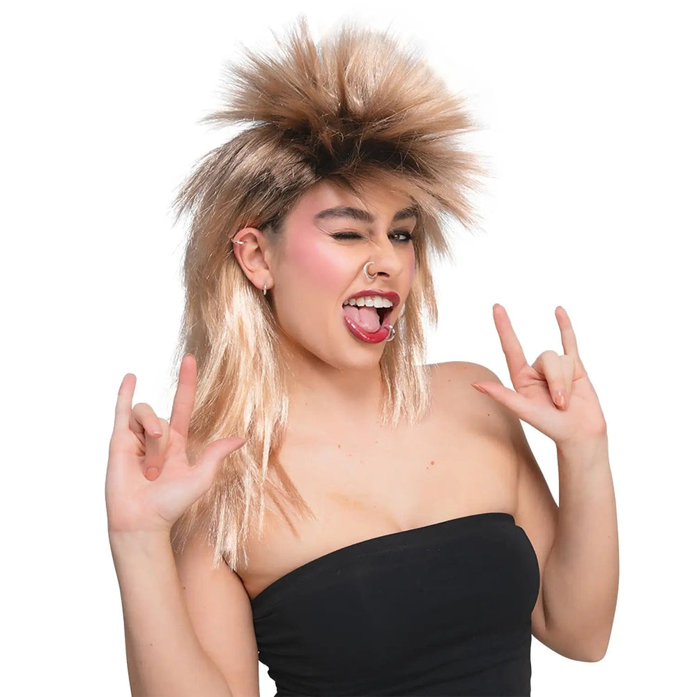 Lady dress as a punk rocker with spiky hair and silver fake piercing rings