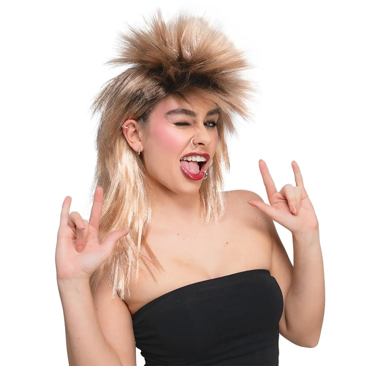 Lady dress as a punk rocker with spiky hair and silver fake piercing rings