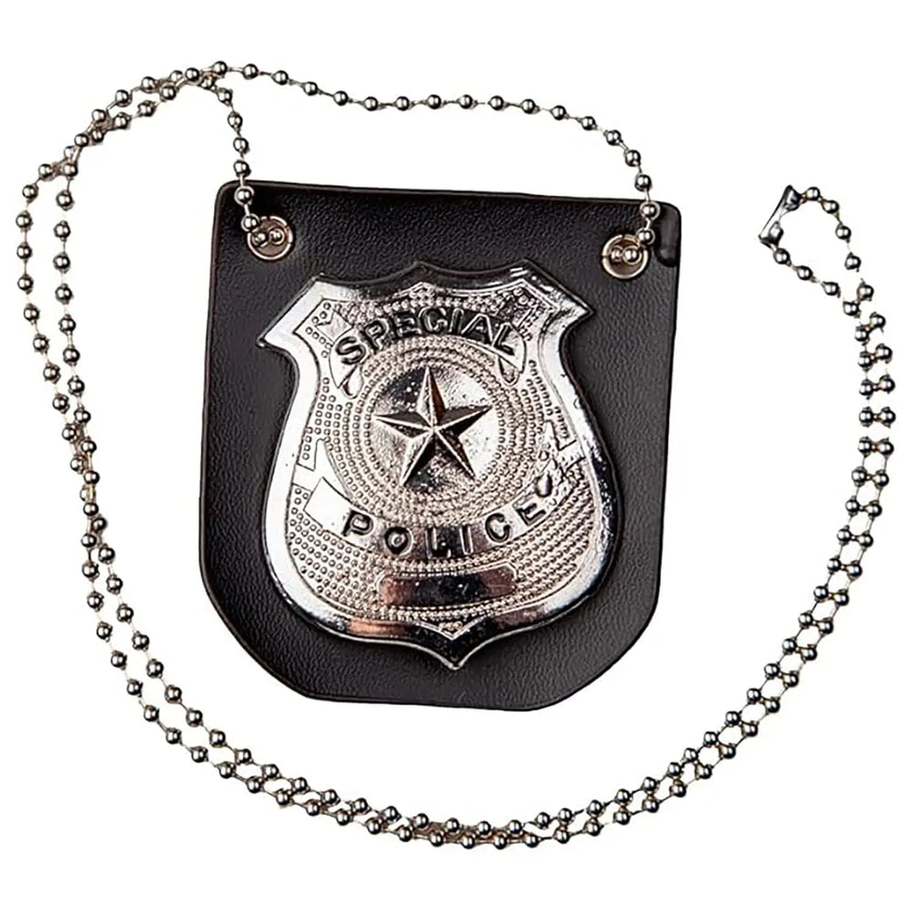 Silver Special Police badge on a chain accessory for fancy dress costumes