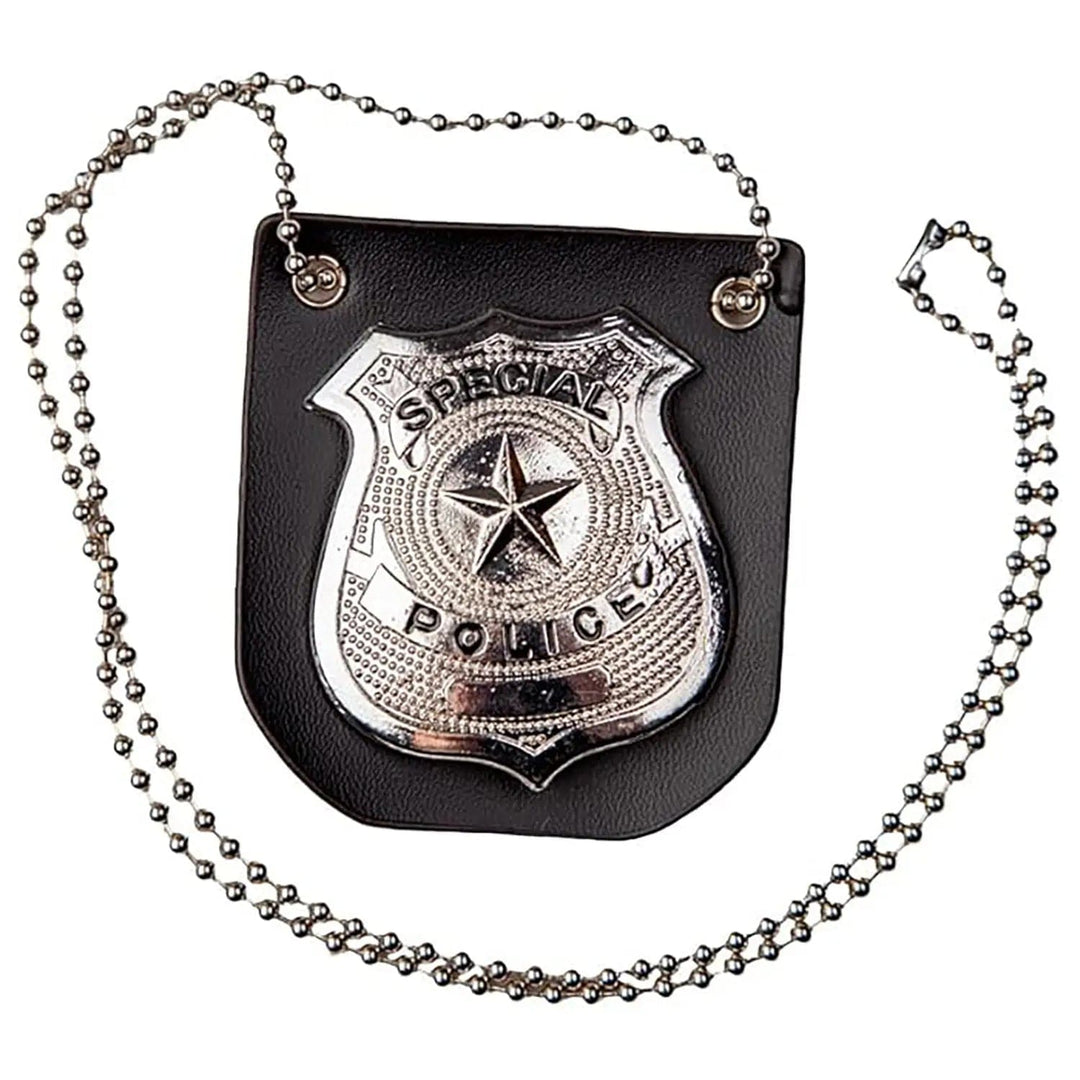Silver Special Police badge on a chain accessory for fancy dress costumes