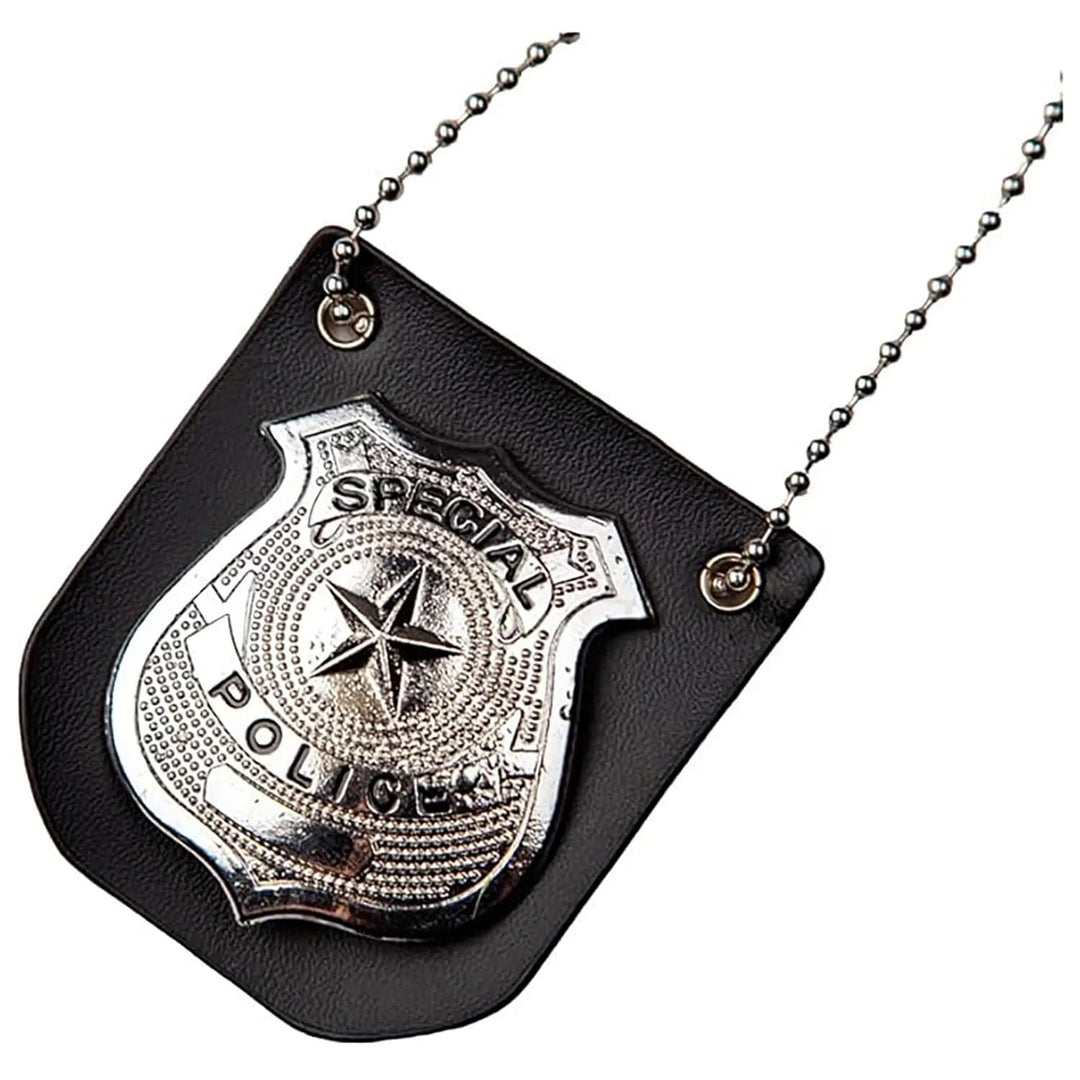 Close up of police badge on black faux leather panel for UC cop themed fancy dress costumes