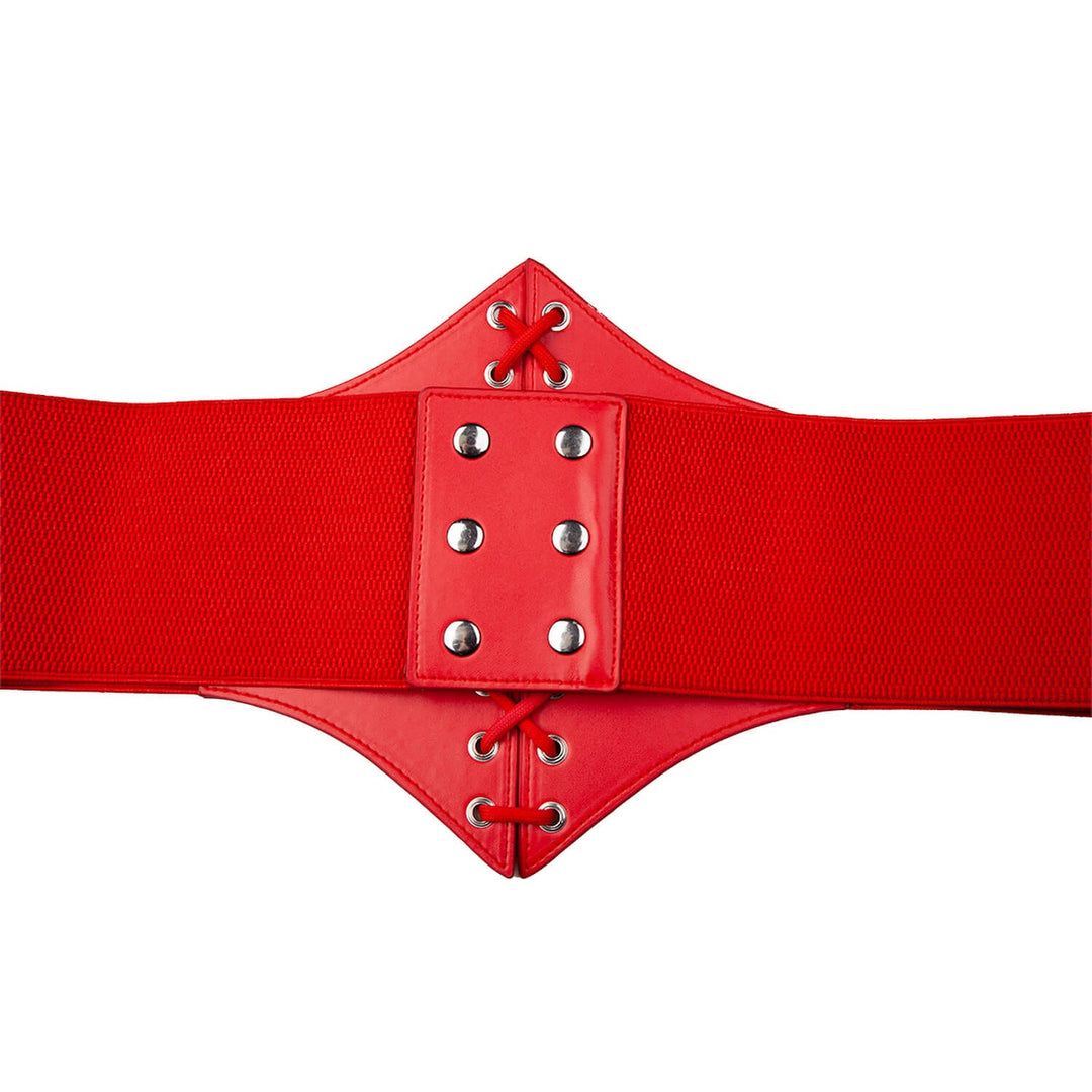 Close up of the back of an elastic red corset belt for fancy dress costumes on a white background