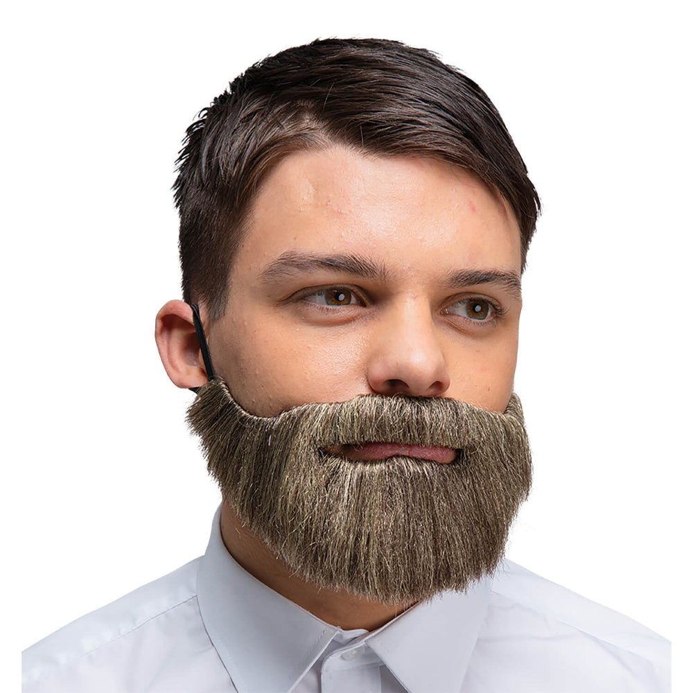 Man wearing a grey beard and moustache for fancy dress costumes