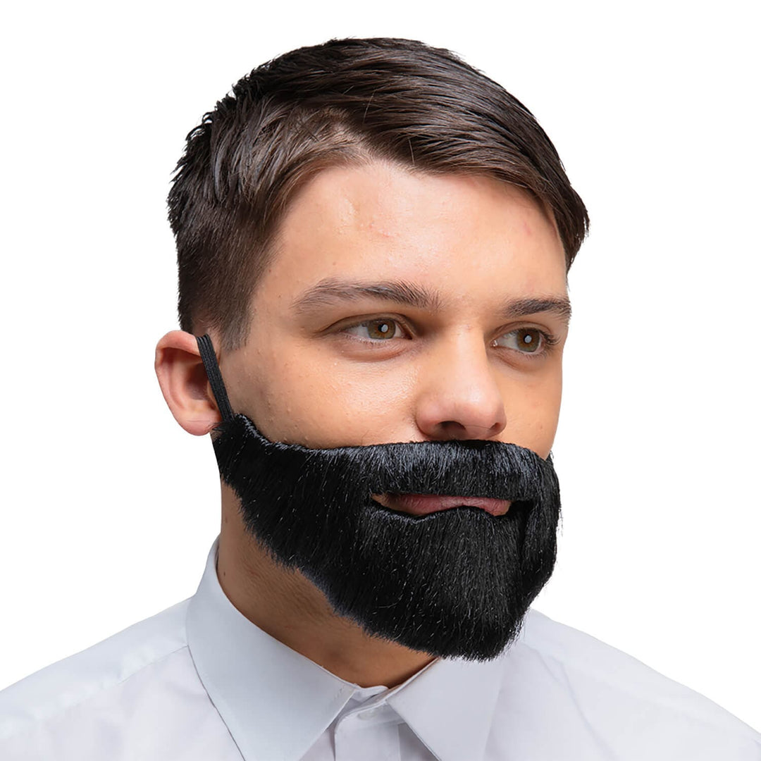 Man wearing a black beard and moustache for fancy dress costumes