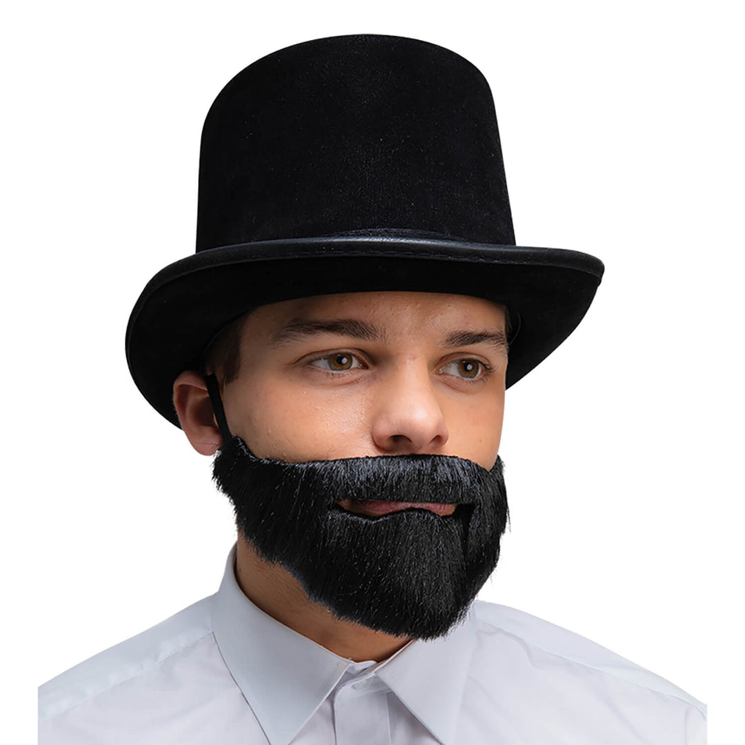 Man wearing a black top hat, beard and moustache for Halloween