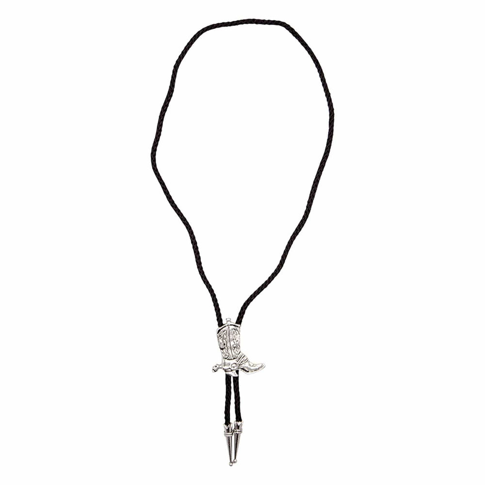 Black shoestring cord tie with silver cowboy boot toggle and silver tips