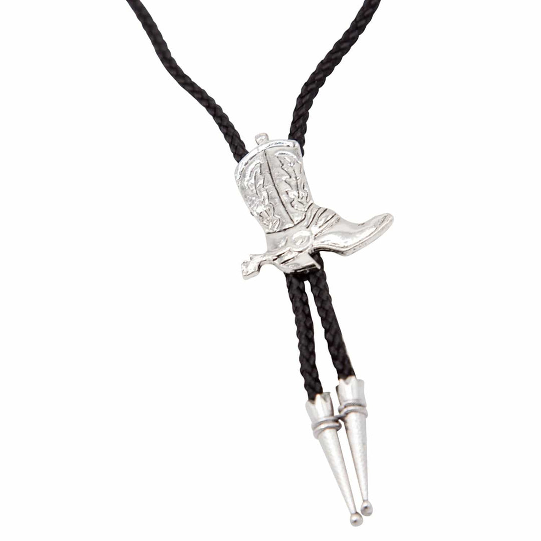 Close up of a silver cowboy boot toggle and tips on a bolo tie