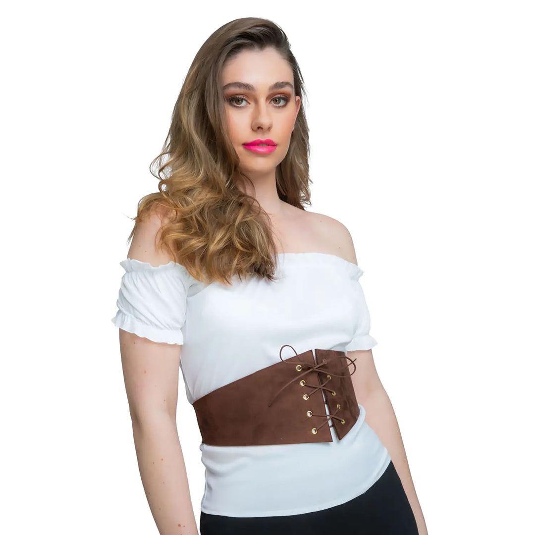 Lady wearing a white top and brown corset belt with lace-up front