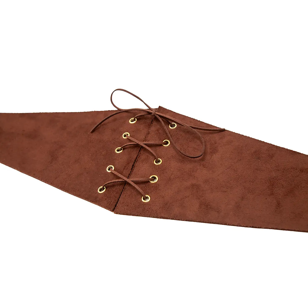 Close up of the cross over ties on a brown suede corset