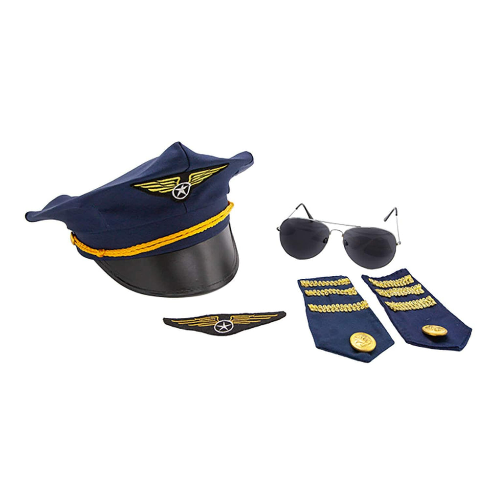 Set of pilot costume accessories including a hat, sunglasses, and badges on a white background