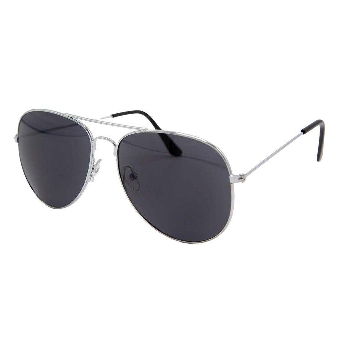 Aviator sunglasses with black lenses and silver frame on a white background