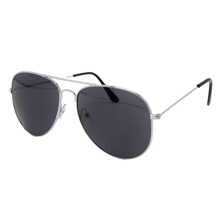 Aviator sunglasses with black lenses and silver frame on a white background