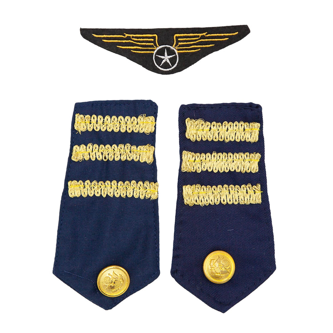Navy blue epaulettes with gold buttons and insignia on a white background